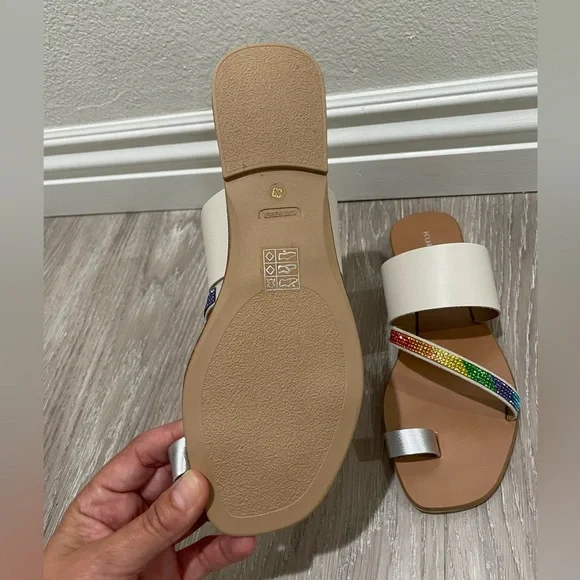 🌈 NIB Kurt Geiger Dawn Rainbow bone leather crystal strap sandal sz 8.5 🌈 - Picture 4 of 7